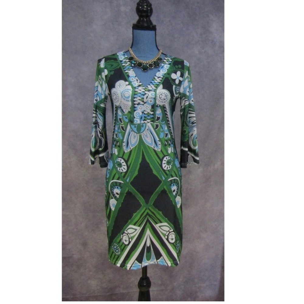 White Mark Green & Blue Tunic Dress V Neck Size S